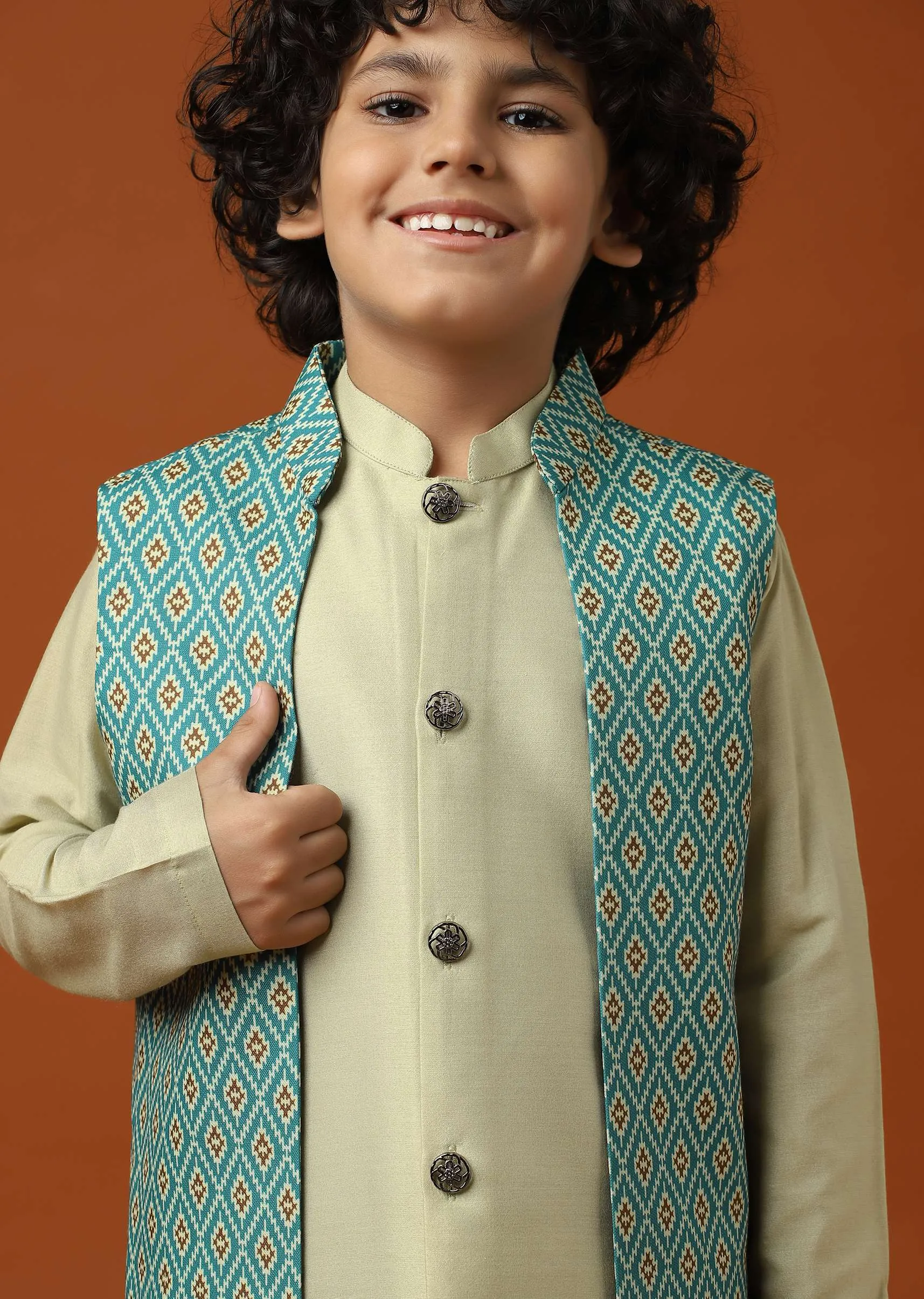 Beige White Patola Printed Jacket And Kurta Set In Silk For Boys
