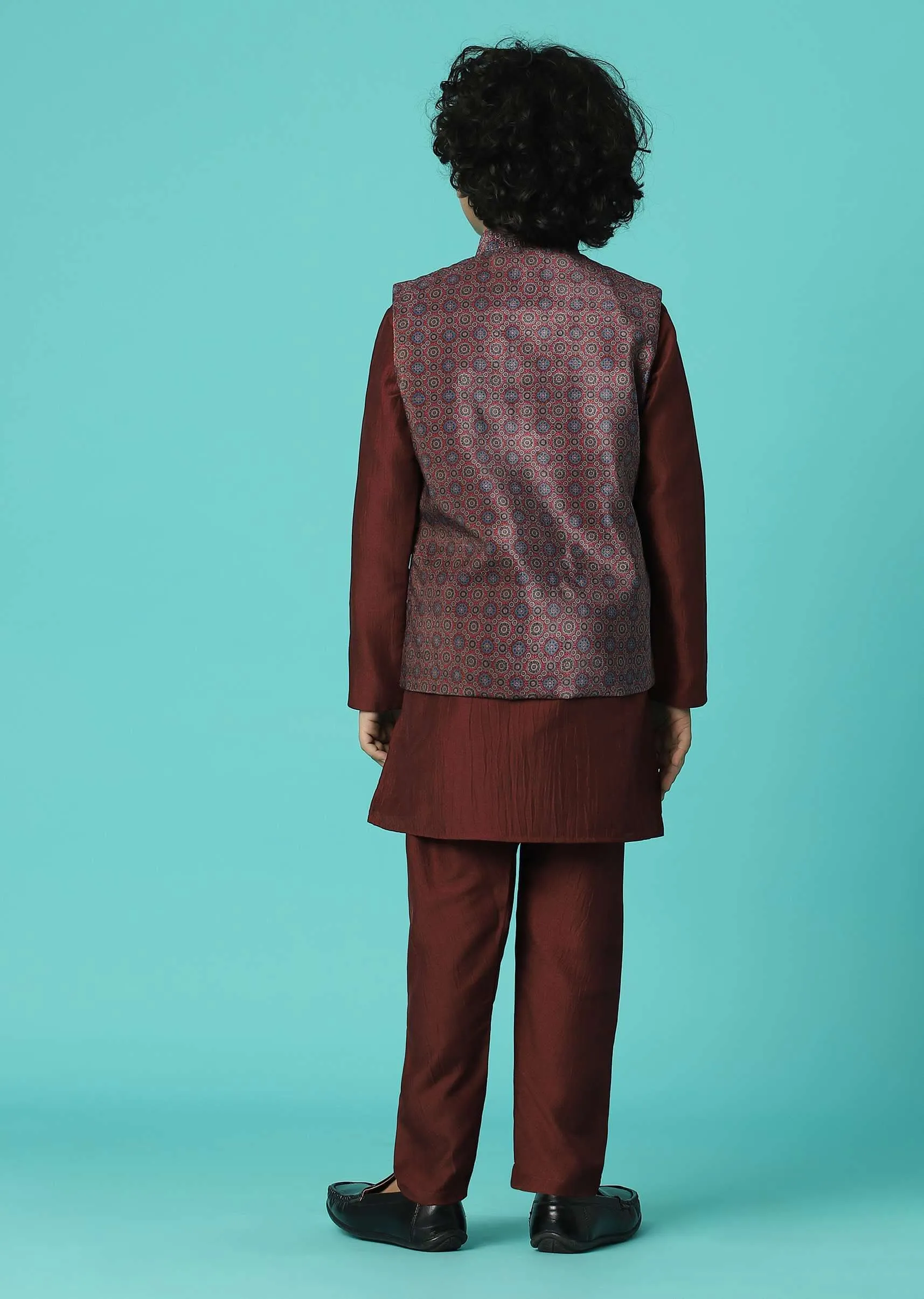 Blood Red Jacket Kurta Set In Silk With Sequins Embroidery
