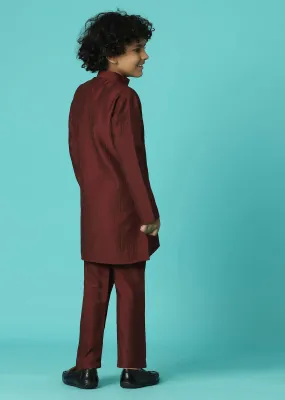 Blood Red Jacket Kurta Set In Silk With Sequins Embroidery