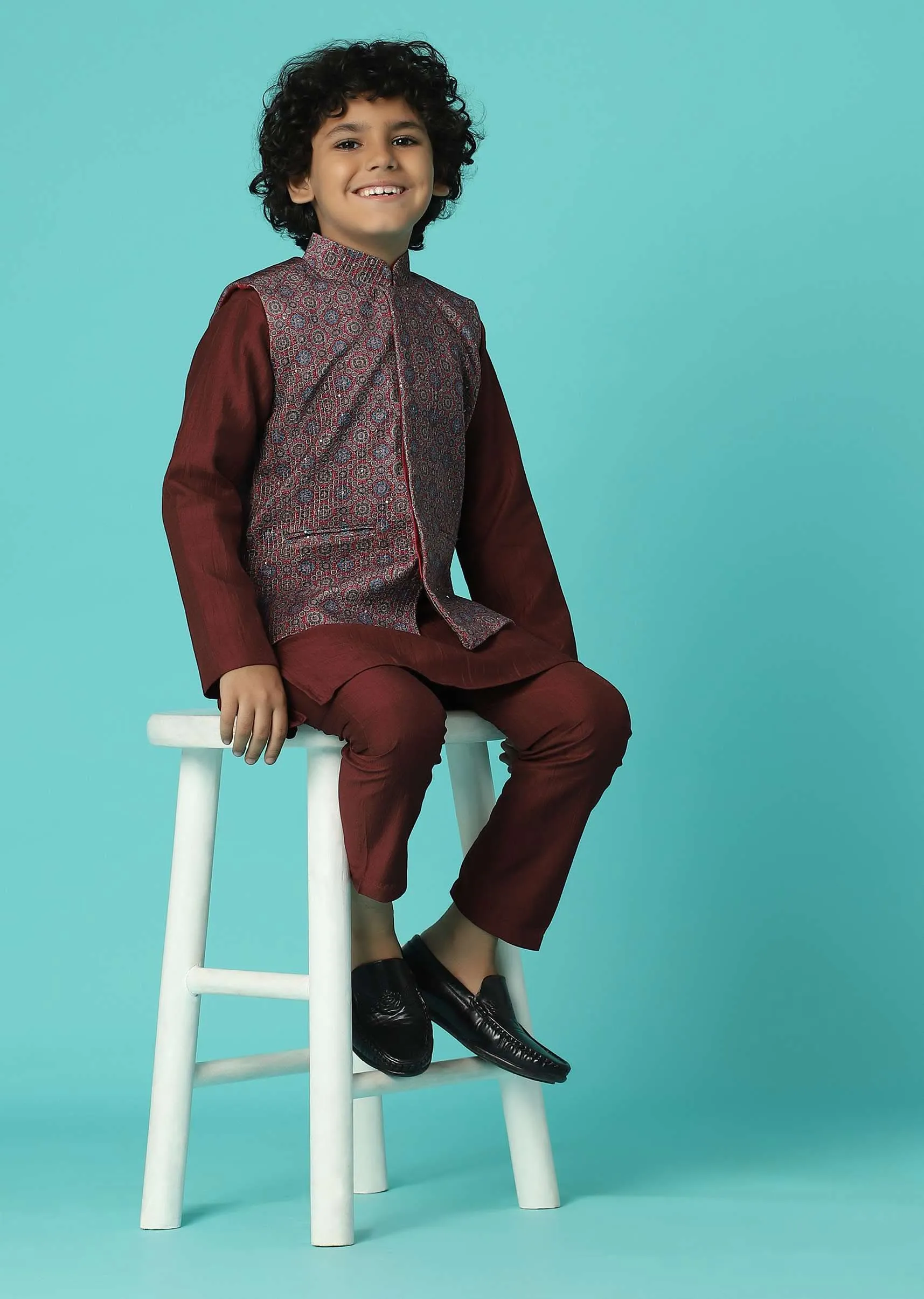 Blood Red Jacket Kurta Set In Silk With Sequins Embroidery