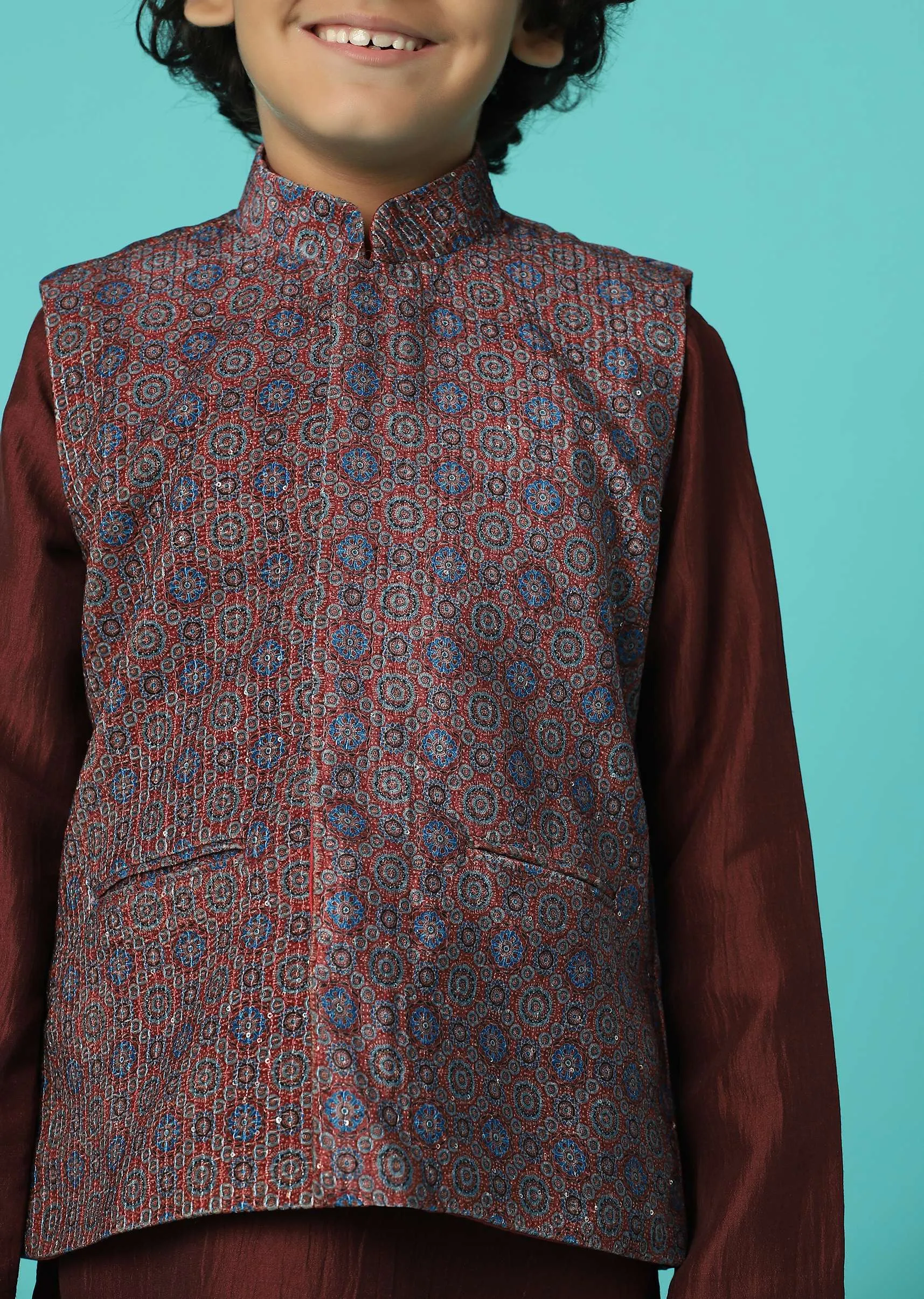 Blood Red Jacket Kurta Set In Silk With Sequins Embroidery