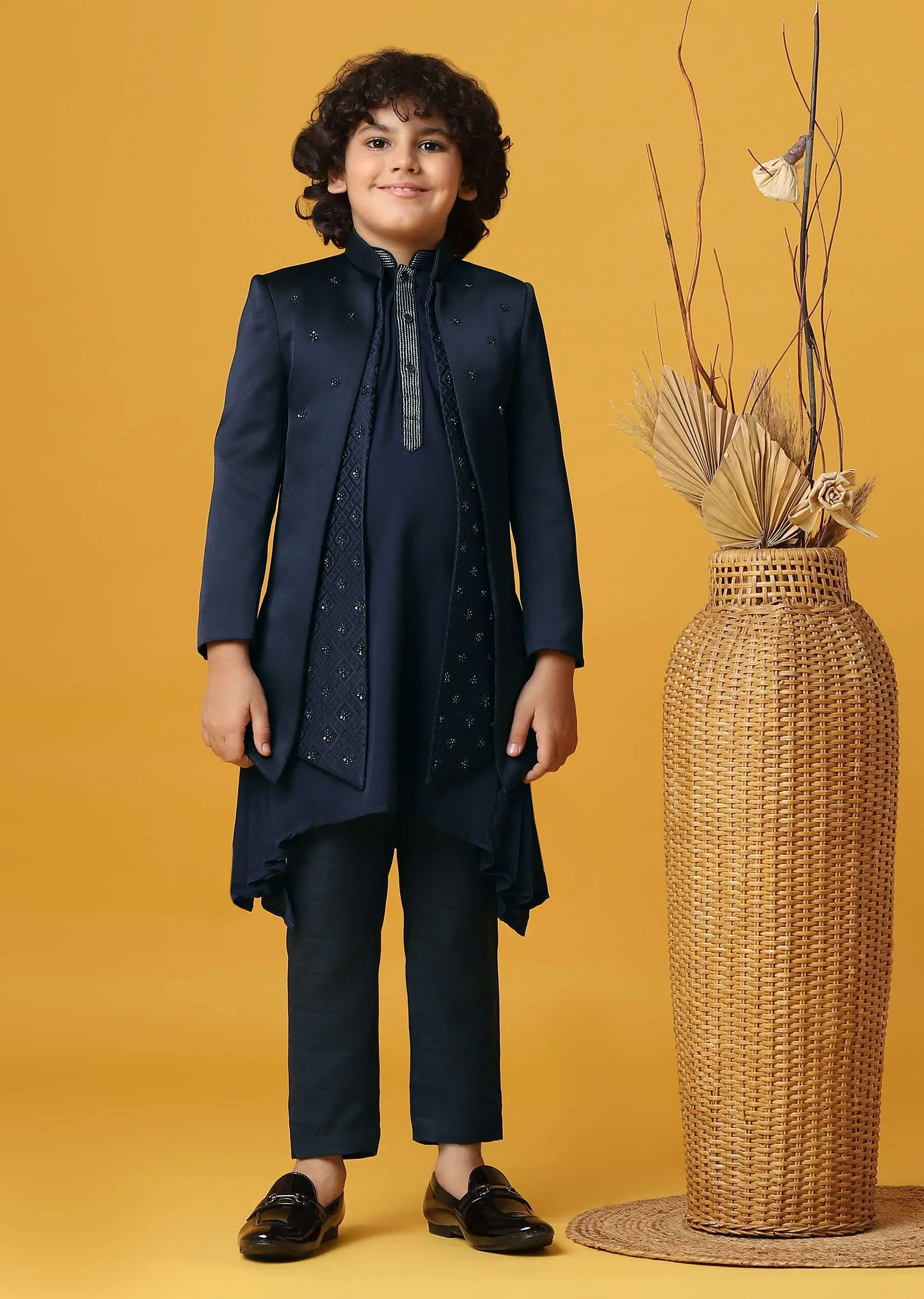 Classic Blue Silk Sherwani Set For Boys