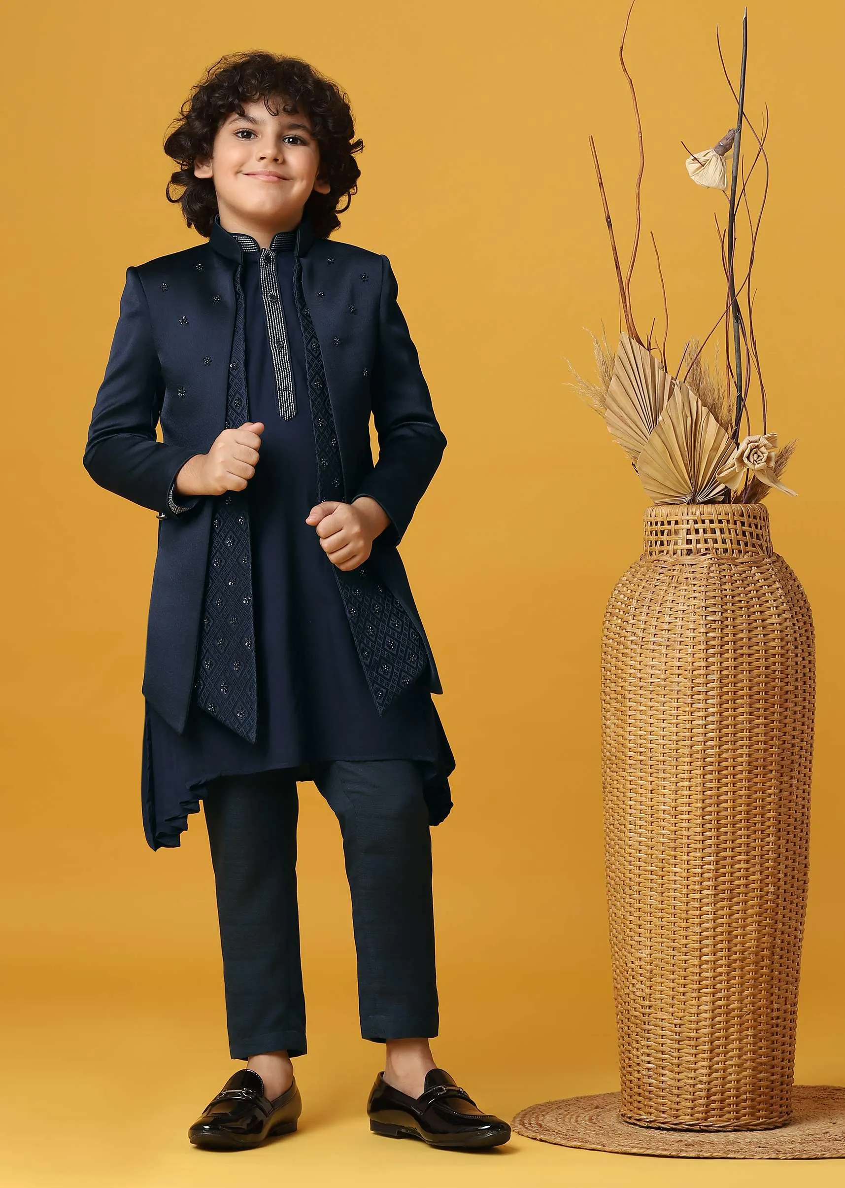 Classic Blue Silk Sherwani Set For Boys