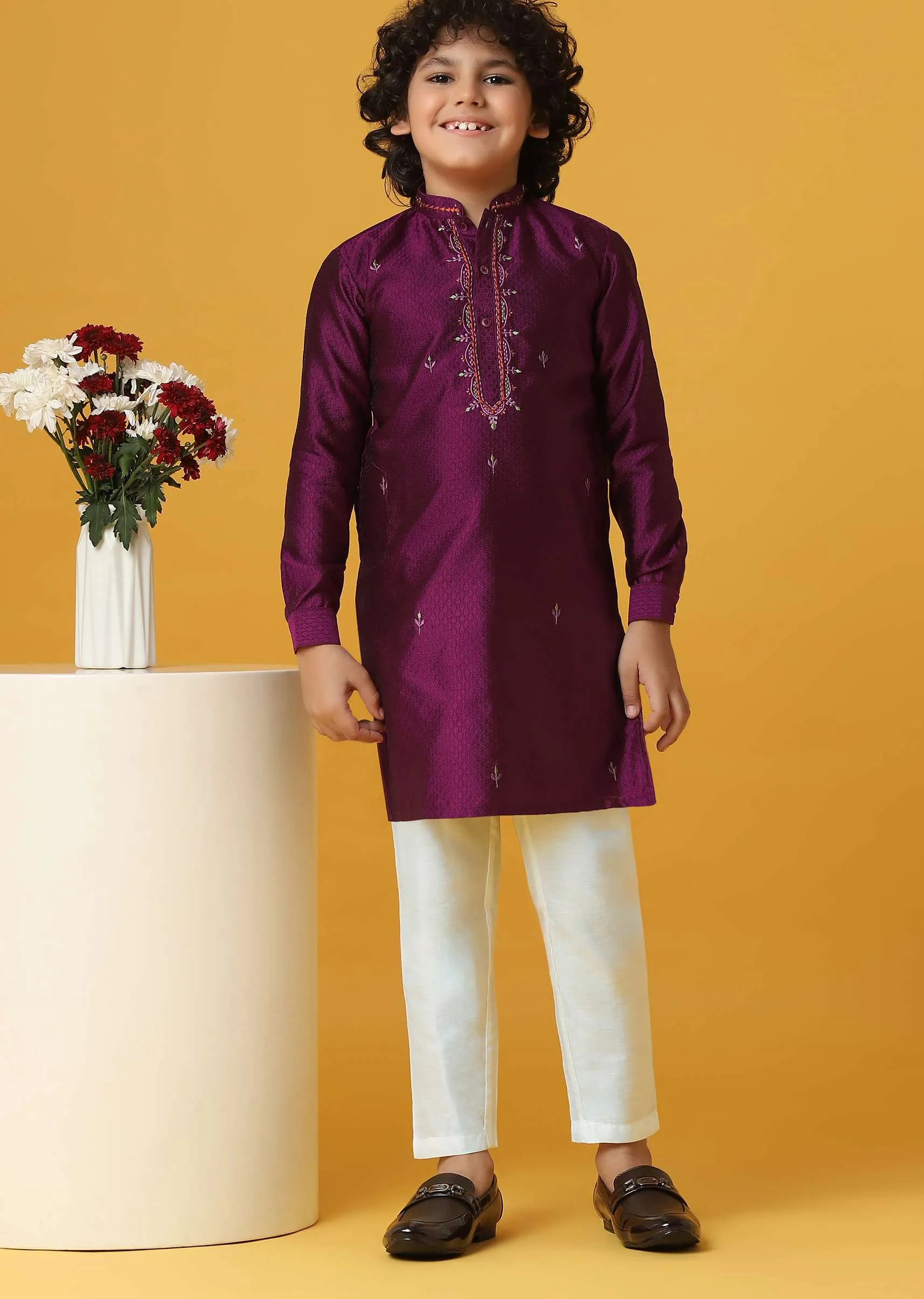 Classic Red Silk Kurta Set For Boys