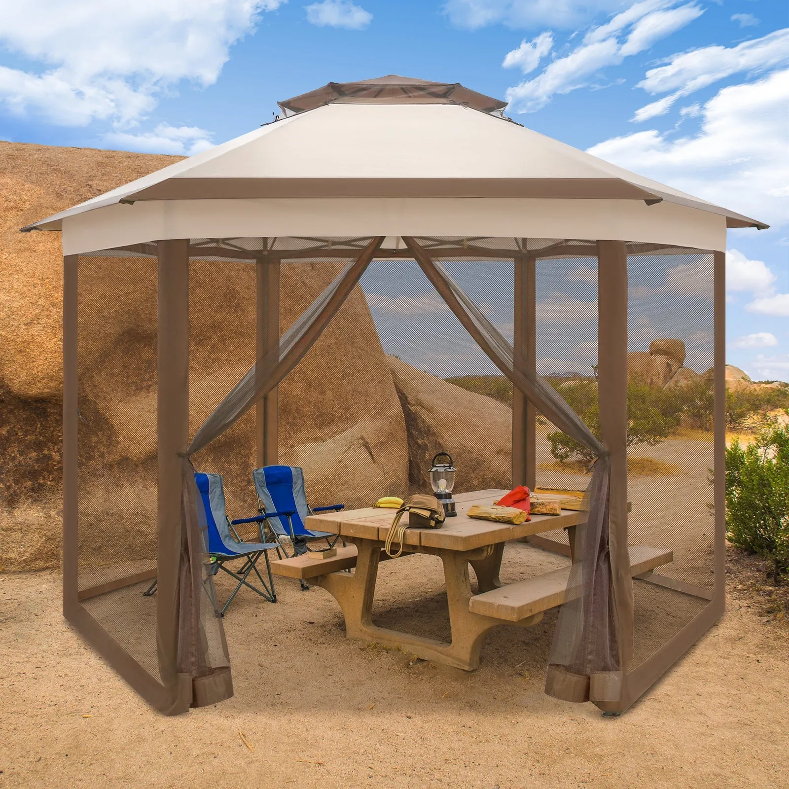 EAGLE PEAK 6-Sided Pop Up Gazebo w/Mosquito Netting, 13x13 Double-Tier Hexagonal Outdoor Canopy Tent