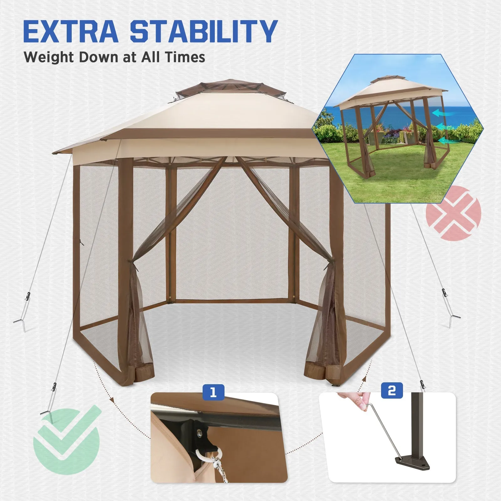EAGLE PEAK 6-Sided Pop Up Gazebo w/Mosquito Netting, 13x13 Double-Tier Hexagonal Outdoor Canopy Tent