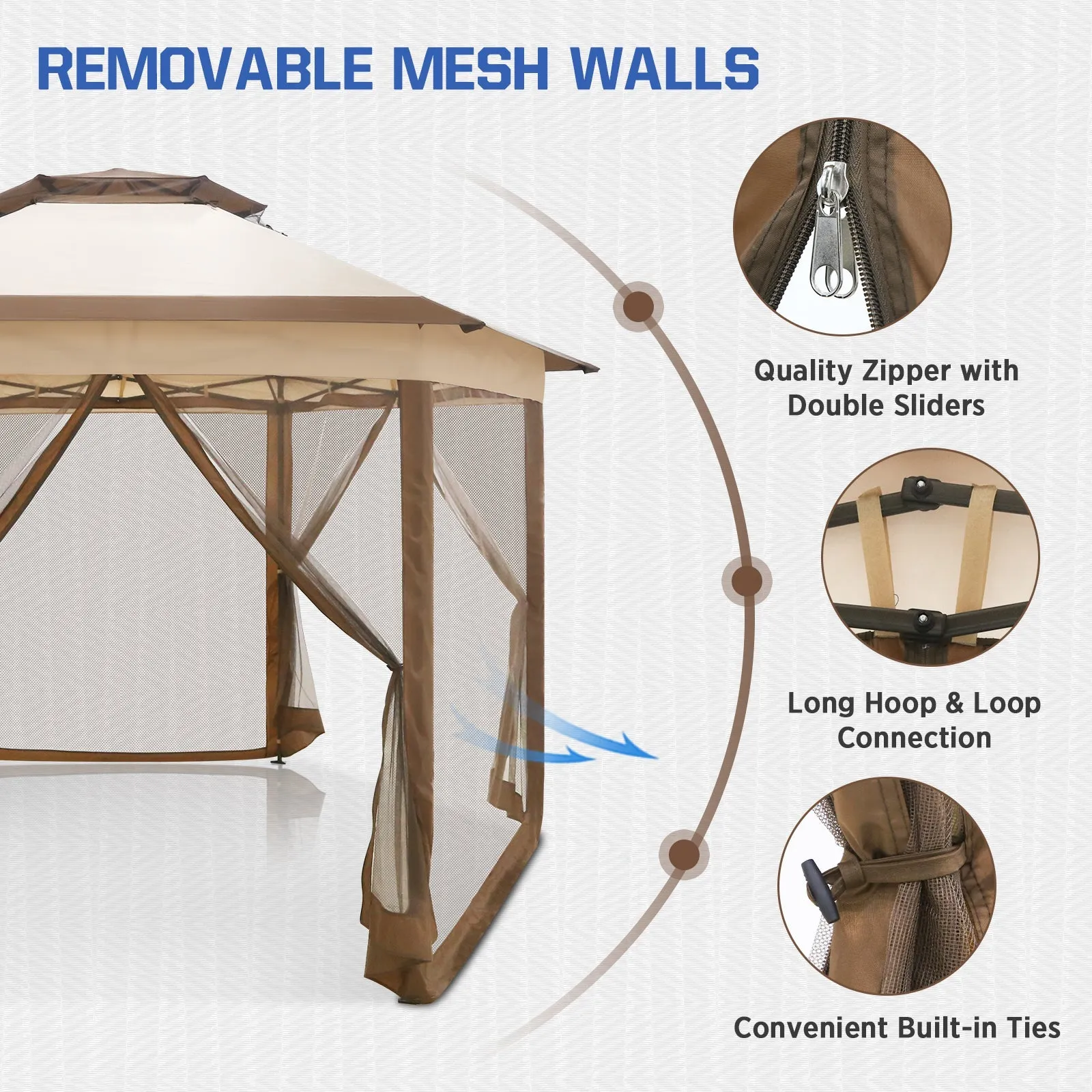 EAGLE PEAK 6-Sided Pop Up Gazebo w/Mosquito Netting, 13x13 Double-Tier Hexagonal Outdoor Canopy Tent