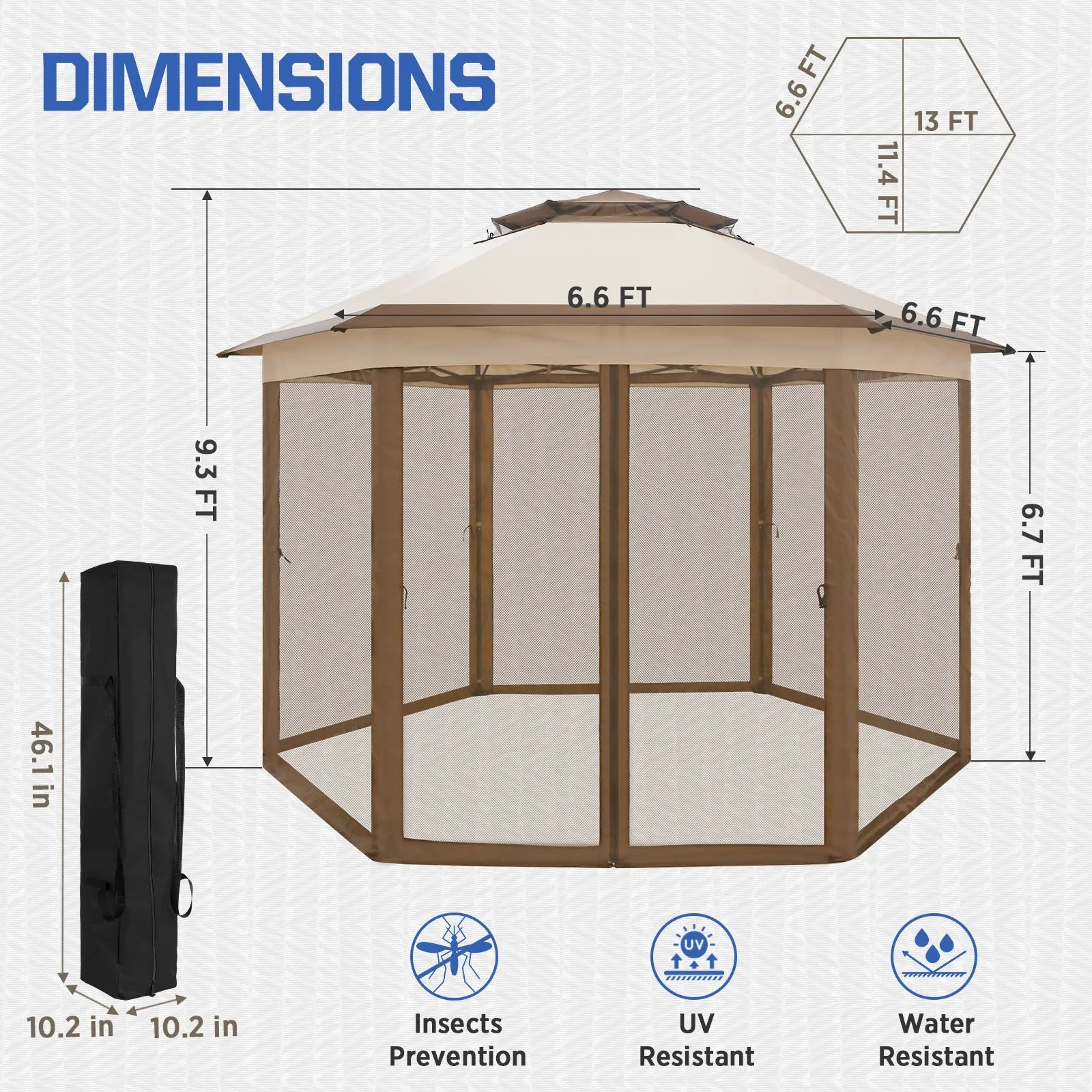 EAGLE PEAK 6-Sided Pop Up Gazebo w/Mosquito Netting, 13x13 Double-Tier Hexagonal Outdoor Canopy Tent