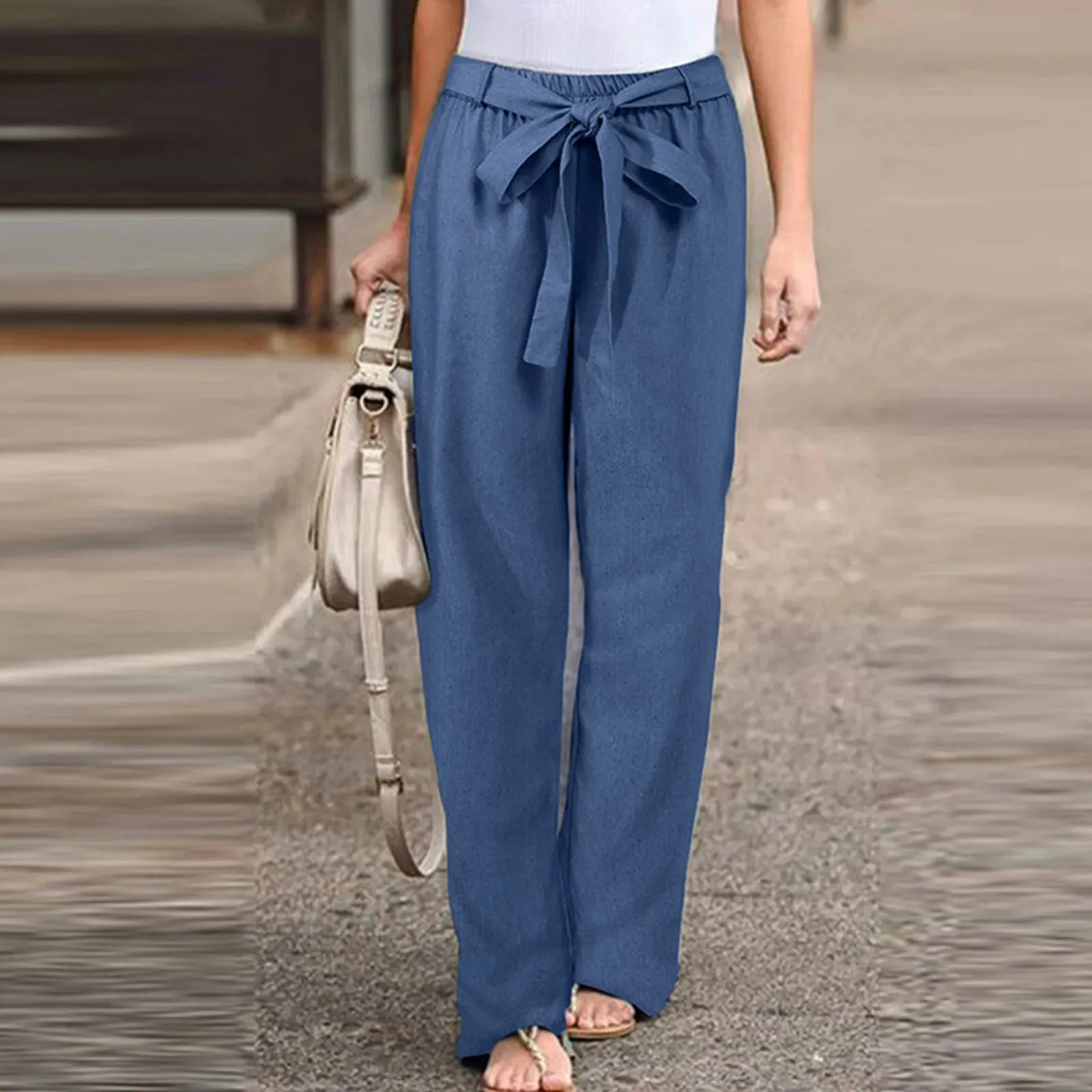 Elastic Waist Straight Linen Pants