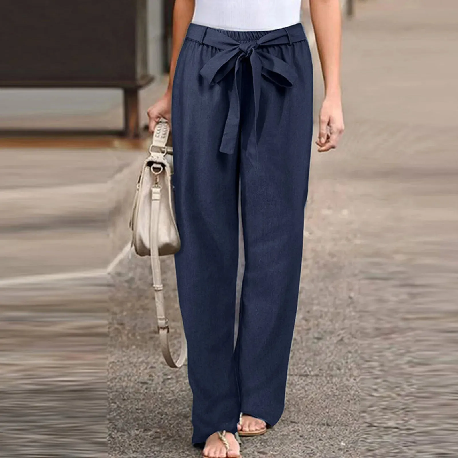 Elastic Waist Straight Linen Pants