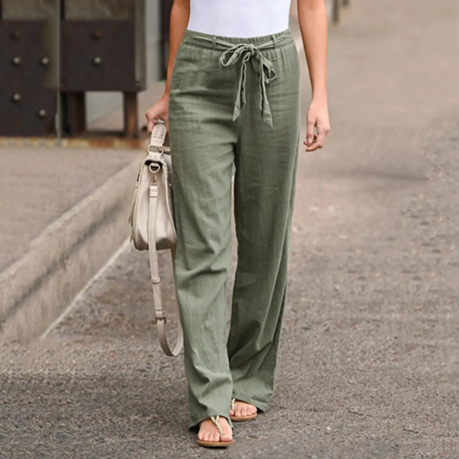 Elastic Waist Straight Linen Pants