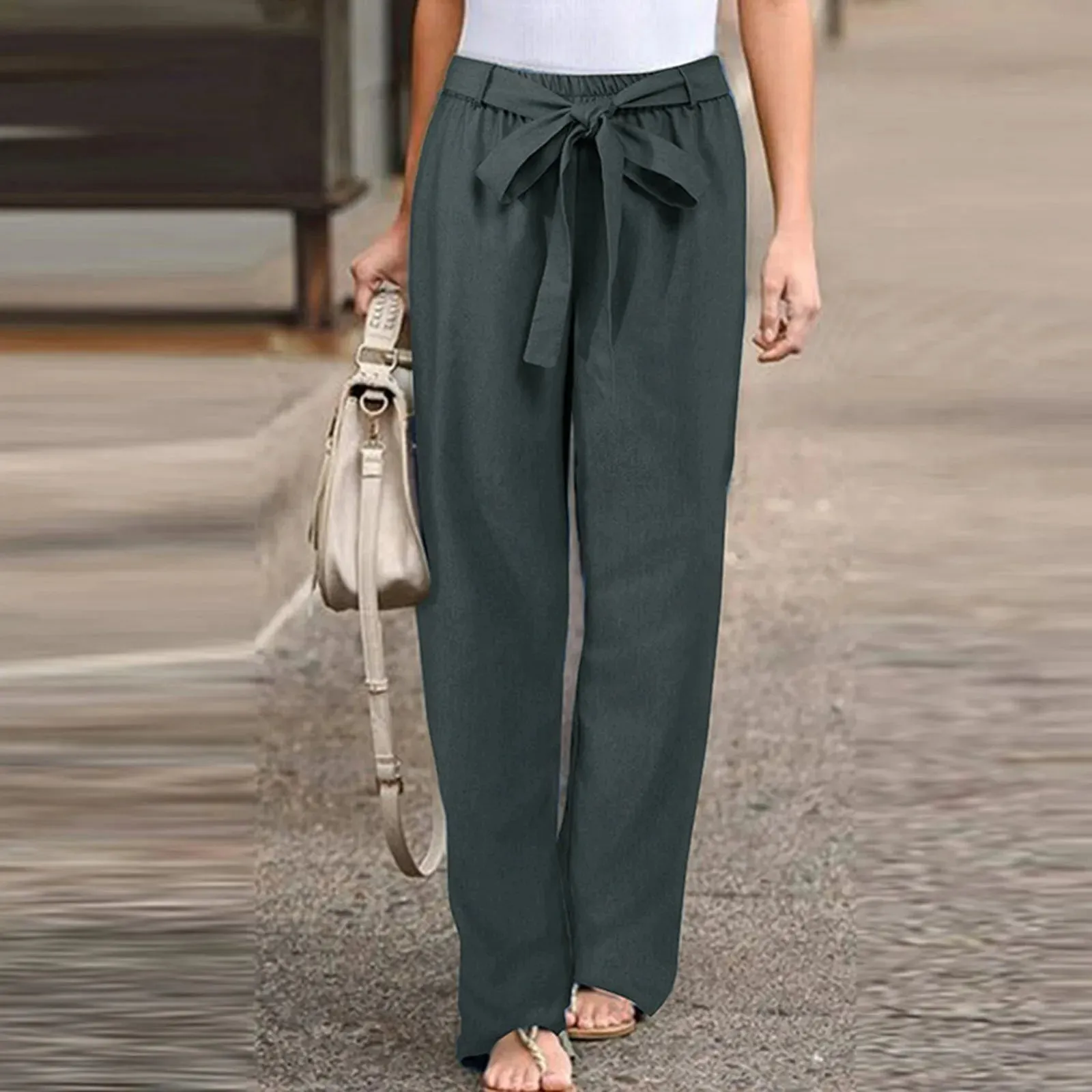 Elastic Waist Straight Linen Pants