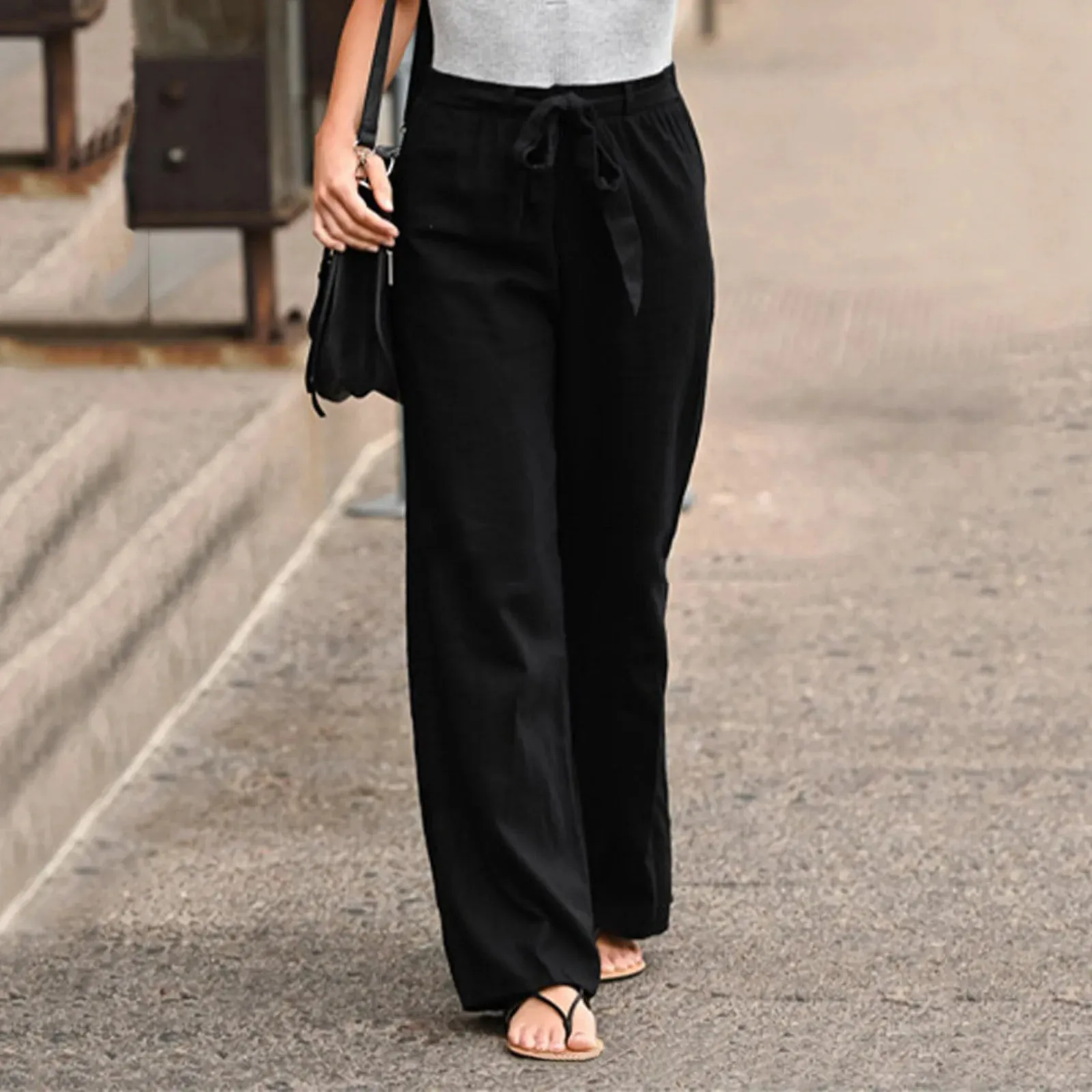 Elastic Waist Straight Linen Pants