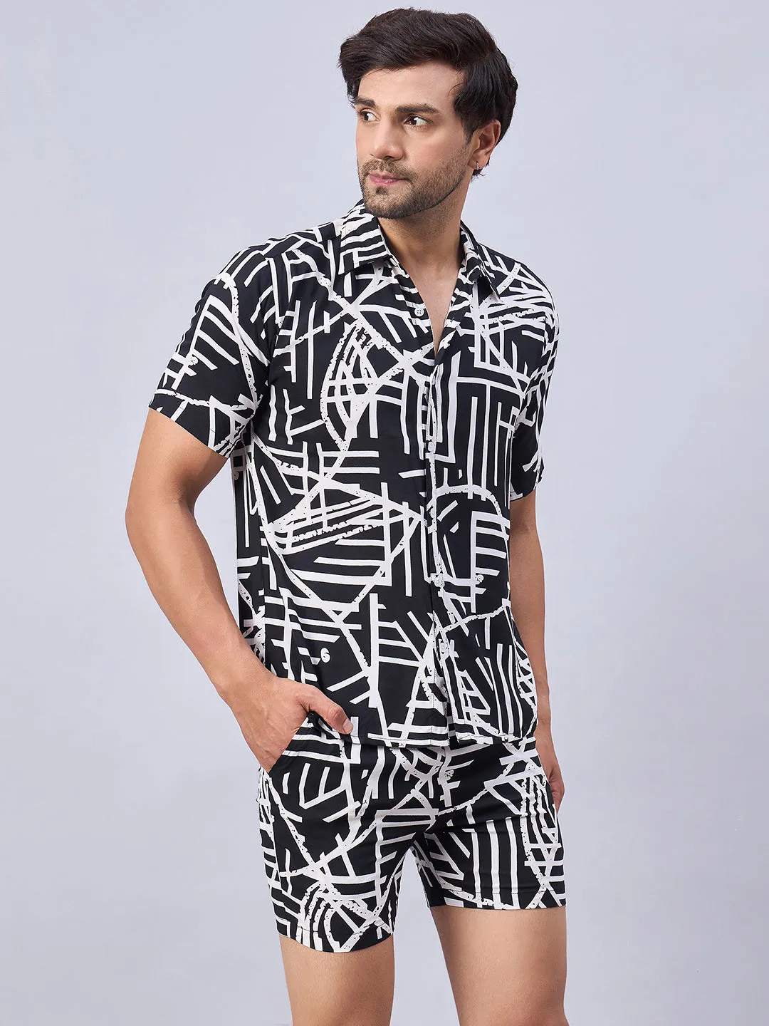 Geometric Print Men Black::White Coord-Set 1