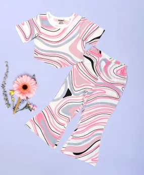 Girls Multicolor Marble Print Hem Tee & Flare Leg Pants Set