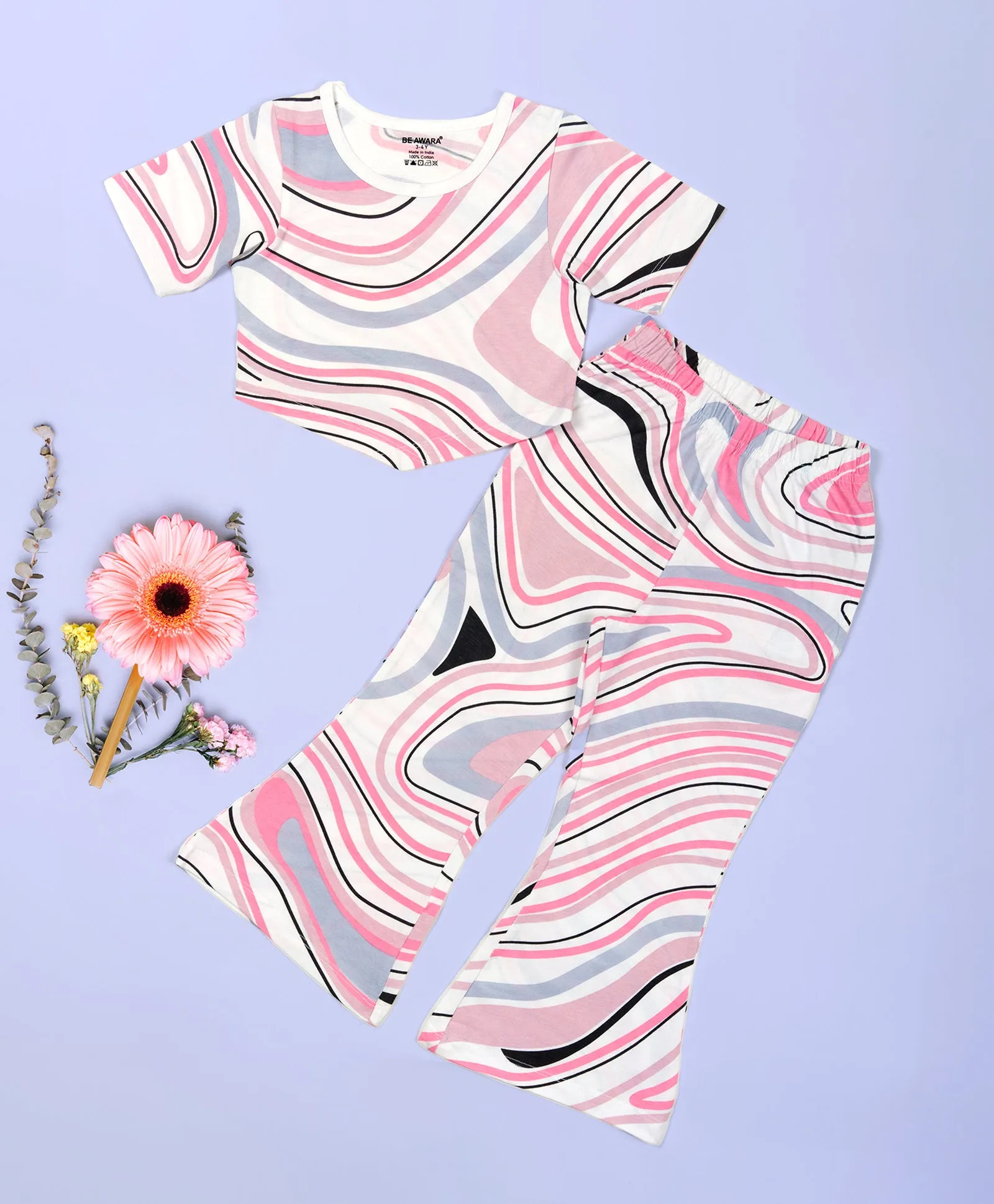 Girls Multicolor Marble Print Hem Tee & Flare Leg Pants Set