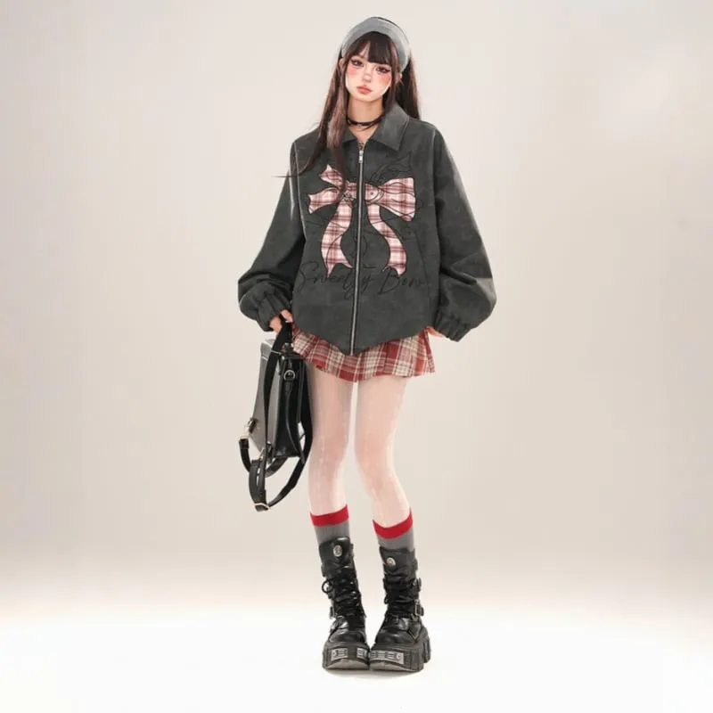 Hong Kong Style Bow Embroidered Lapel Jacket