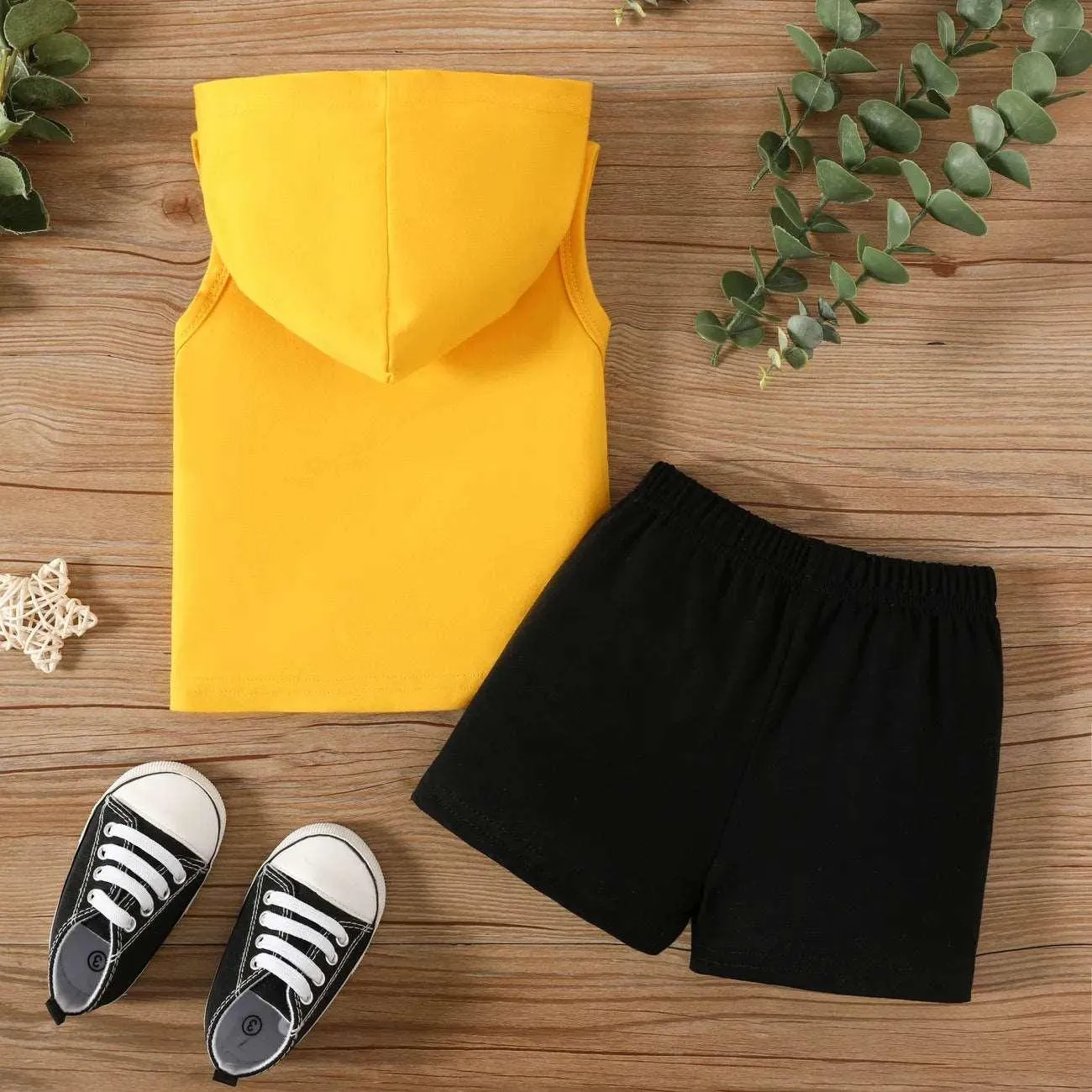 Hooded Letter Print Jacket   Black Shorts Set - Baby Boy (2Pcs)