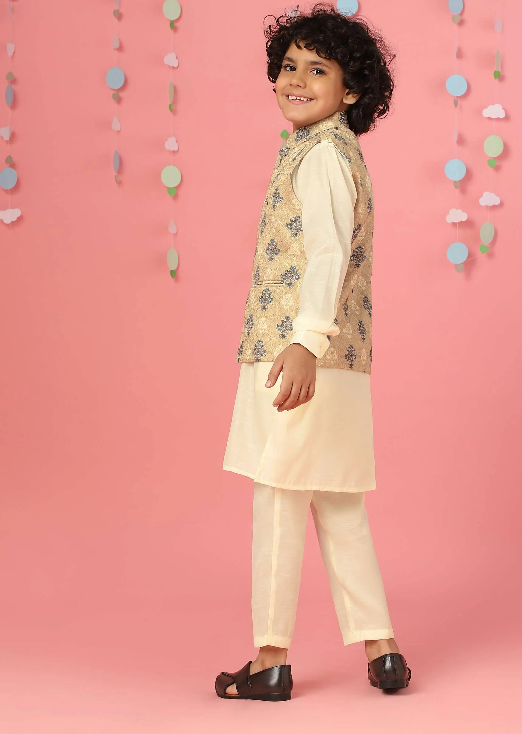 Kalki Afterglow Yellow Kurta Set With Printed Bandi Jacket In Silk For Boys