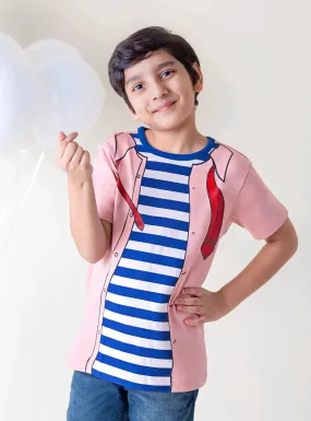 Kids Pink Jacket and Tie Print Cotton T-shirt