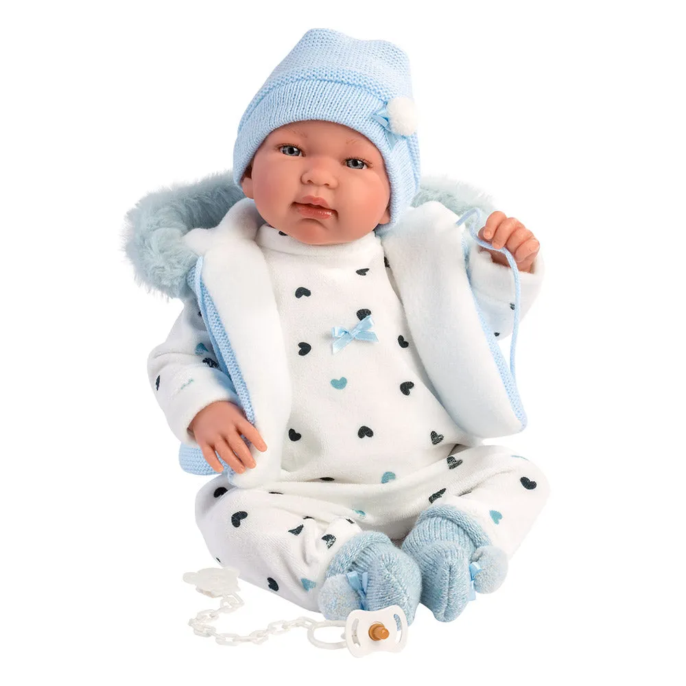 Llorens Dolls: Newborn Tino with Blue Hoodie Vest 44cmLlorens - Newborn Baby Boy Doll with Blue Romper: Tino 44cm