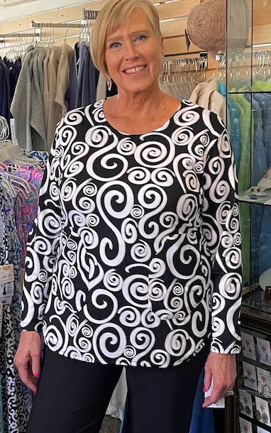LuluB 3/4 Sleeve Round Neck Top with Scoop Hemline & 2 Pockets..UPF 50  and Coolant in Fabric