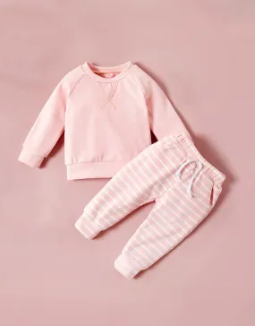 Striped Baby Set | Solid Top and Striped Pants | 2-Piece Set in Pink