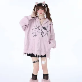 Sweet Girly Style Cartoon Kitten Embroidered Hooded Jacket