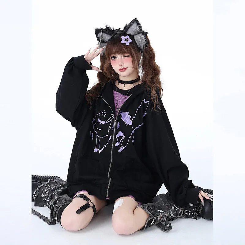 Sweet Girly Style Cartoon Kitten Embroidered Hooded Jacket