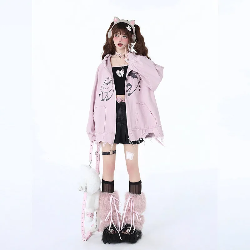 Sweet Girly Style Cartoon Kitten Embroidered Hooded Jacket