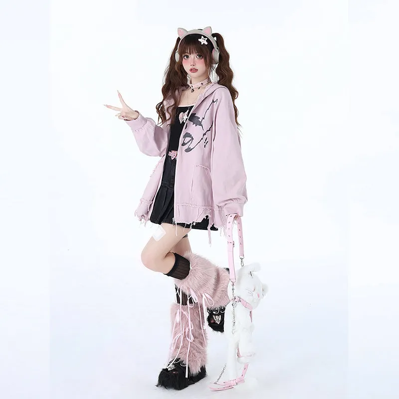 Sweet Girly Style Cartoon Kitten Embroidered Hooded Jacket