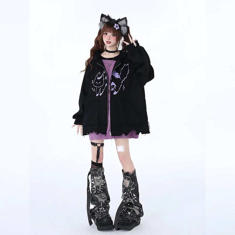 Sweet Girly Style Cartoon Kitten Embroidered Hooded Jacket